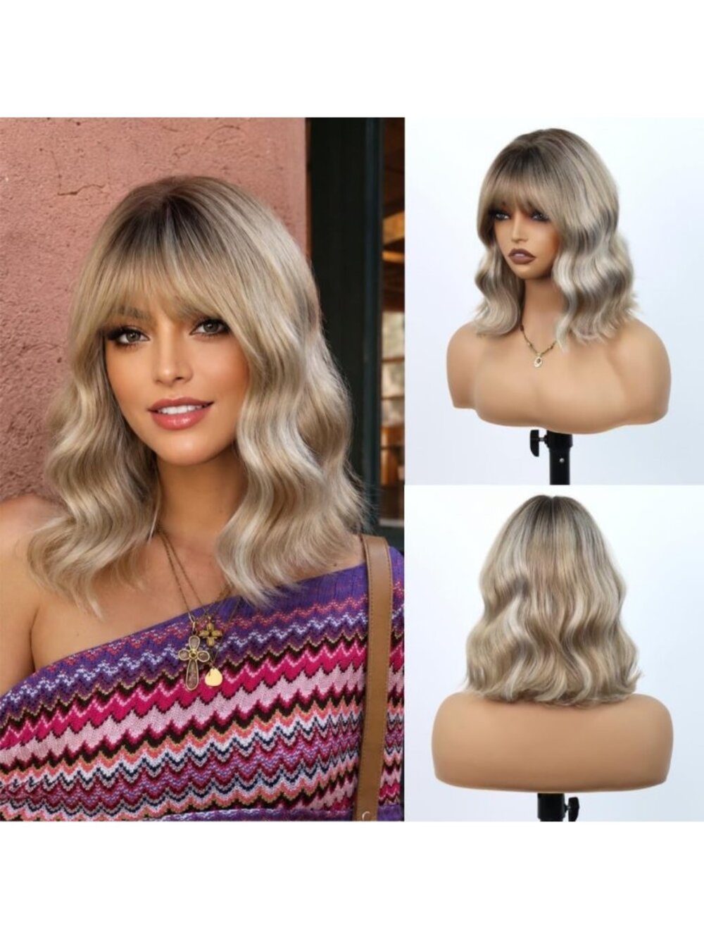 Ombre Ash Blonde Wavy Bob Wig with Bangs - Shoulder Length Synthetic Hair